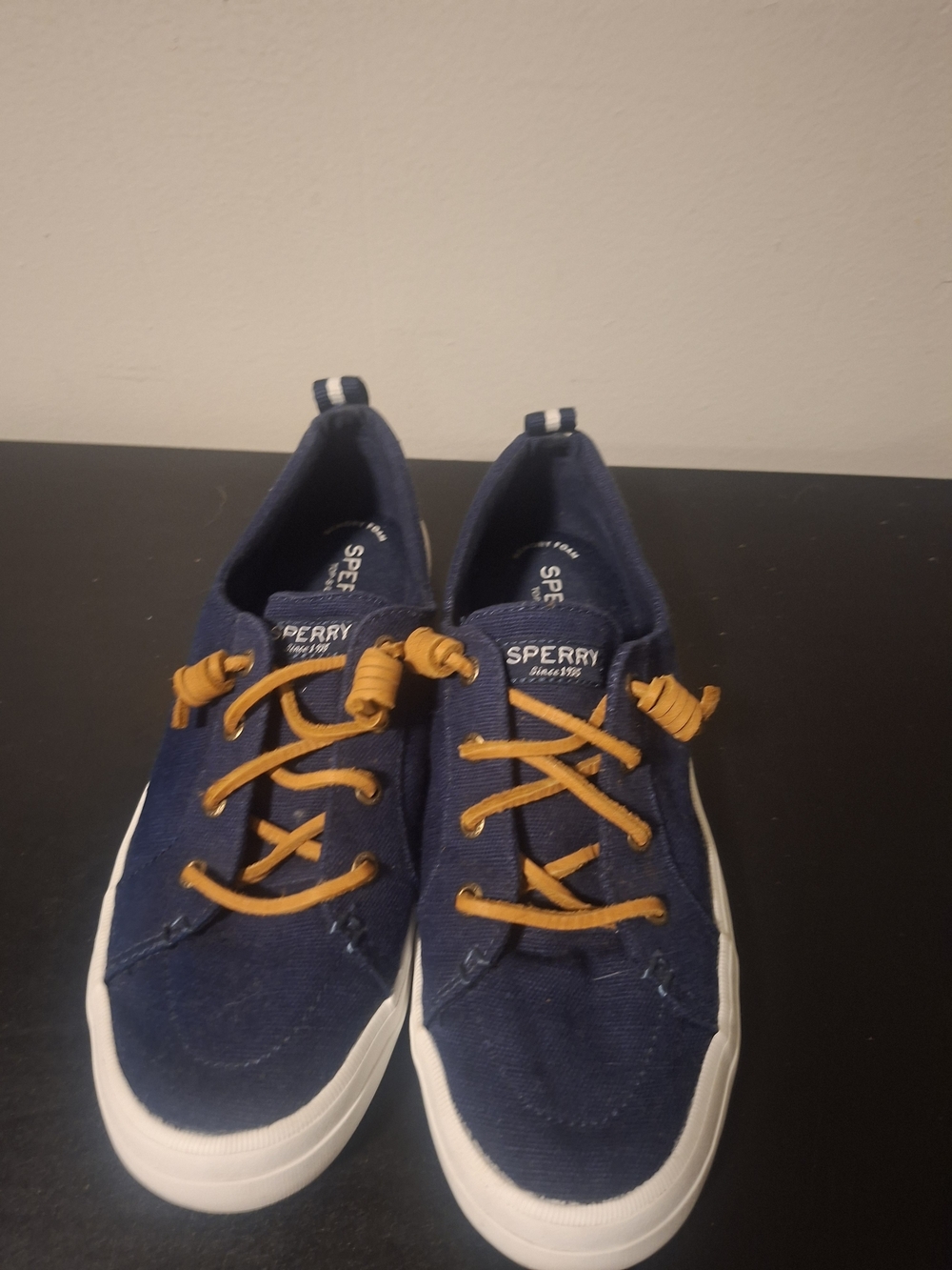 Sperry Navy Canvas Slip-On Sneakers with Mustard Laces